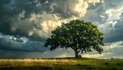 Obraz premium Lone oak tree stands on grassy hill beneath dramatic, dark storm clouds