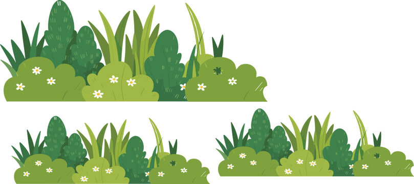 Green cartoon bushes and grass border collection with flowers decorative nature foliage vector illustration set