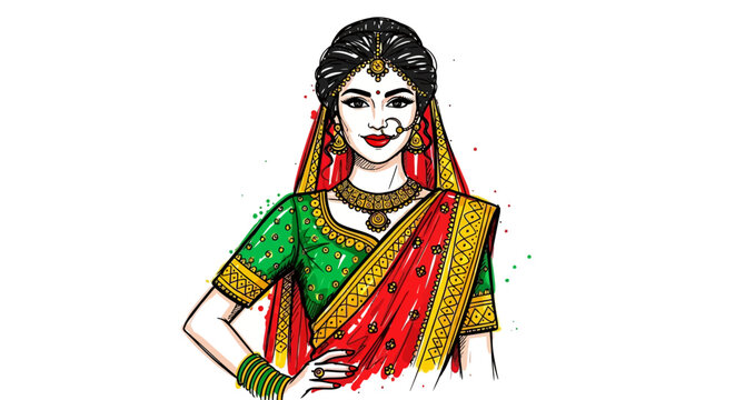 Beautiful Indian bride illustration in traditional red saree and green blouse with gold jewelry.
