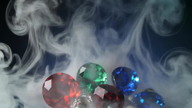Colorful jewels emerging from smoke on dark background, mystifying gems