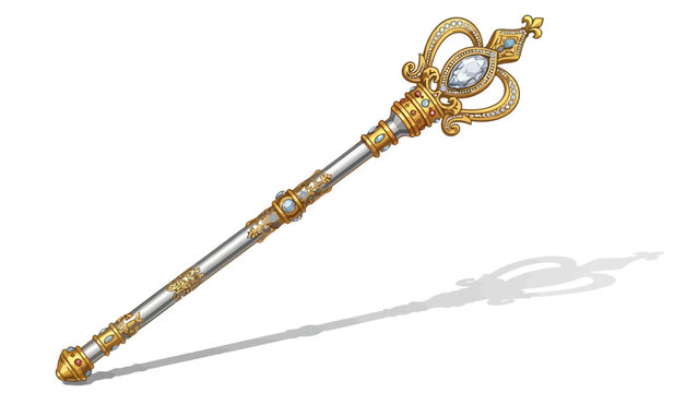 Ornate golden scepter with white gemstone head and silver shaft