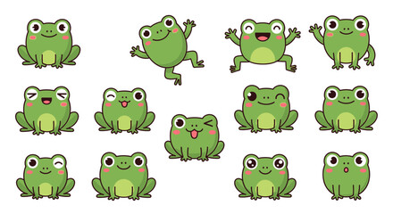 Obraz premium Cartoon frogs collection playful green amphibians in various poses