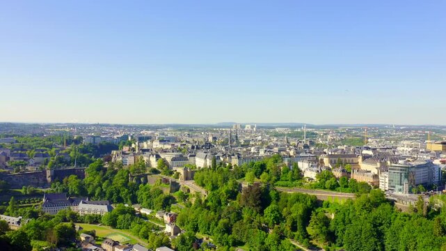 Luxembourg, Historical city center in the morning. Drone footage