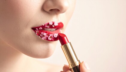 woman applying red lipstick that turns into tiny blooming pink flowers on lips
