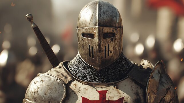 Templar Knight Standing and Facing Jerusalem, Medieval Crusader Scene Illustration