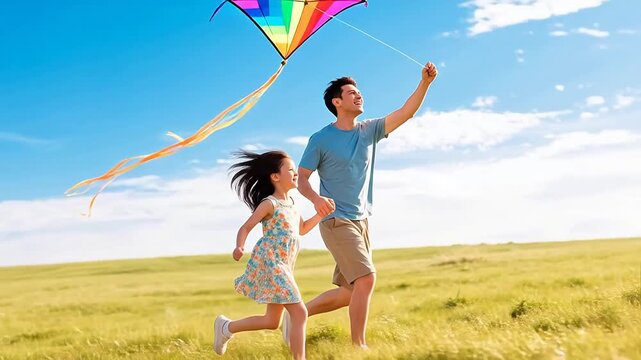 Man and girl flying kite in field