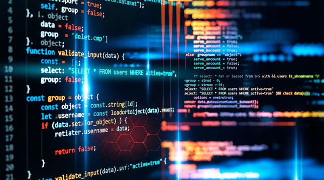 Glowing computer code with blue and orange light streaks