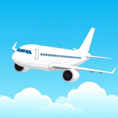 Fototapeta premium White cartoon airplane soars through a blue sky dotted with puffy white clouds