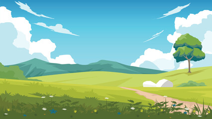Obraz premium Serene illustration of a sun drenched meadow featuring a winding path lush green hills and a lonely tree under a bright blue sky. Perfect for nature and travel themes.