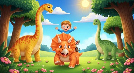 Naklejka premium Colorful cartoon scene featuring a joyful boy riding a friendly orange dinosaur surrounded by a green dinosaur and a cute lion in a vibrant forest setting
