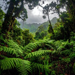 Fototapeta premium A dense, vibrant rainforest with ferns and trees under a cloudy sky