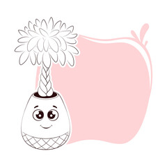 cute smiling Pachira aquatica in pot, friendly face with winking eyes, hand drawn outline over soft pastel pink, place for text