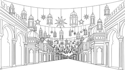 Fototapeta premium High-quality black continuous line art of a street decorated with Ramadan lights and lanterns, perspective view