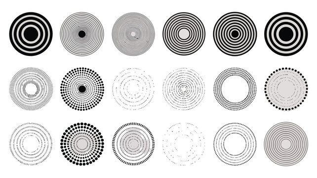 Concentric Circle Pattern, featuring radial dotted rings and abstract ripple sound waves, optical illusion effects, linear geometric elements, hypnotic vertigo spirals, dot gradients, 