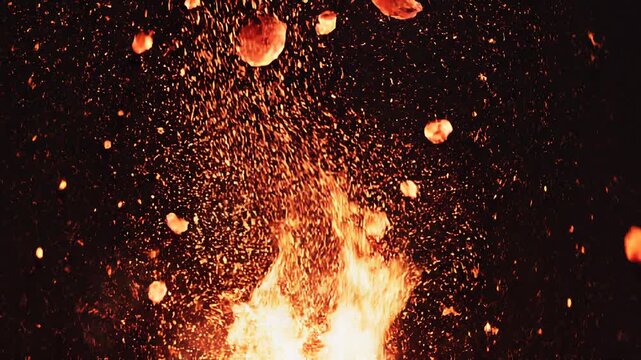 Slow motion fire burning with sparks at night, cinematic flames