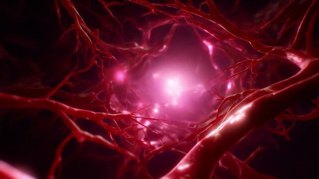 A Detailed Exploration of Neuronal Structures: Enigmatic Neural Networks Captured in Stunning Visuals of Blood Vessels Intertwined with Glowing Energy Pulses