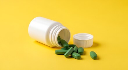 Green pills spilling from a white bottle on a yellow background medication supplements