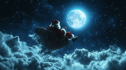 Santa Claus Flying Across the Night Sky with Sleigh, Merry Christmas and Happy Holidays Festive Greeting Background