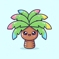 Kawaii palm tree icon, cute expression, big eyes, bright color, cute style