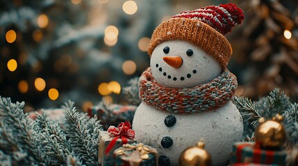 Cheerful Snowman with Gifts Beside a Christmas Tree on Soft Blurred Winter Background