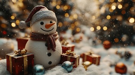 Cheerful Snowman with Gifts Beside a Christmas Tree on Soft Blurred Winter Background
