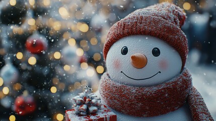 Cheerful Snowman with Gifts Beside a Christmas Tree on Soft Blurred Winter Background