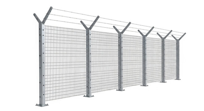 Metal wire mesh fence with barbed wire on top for security and protection purposes transparent background