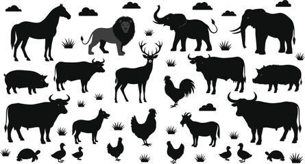 Large set of black animal silhouettes including safari wildlife farm livestock forest creatures and botanical plants isolated on white background for nature design elements,