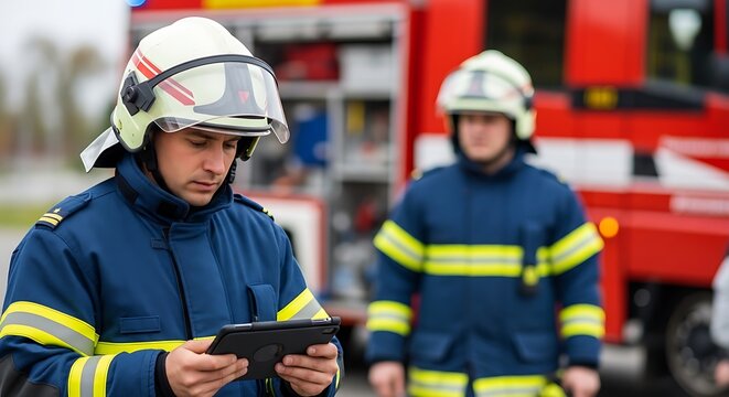 Firefighters in blue uniforms using a tablet near a red fire truck yellow reflective stripes 1