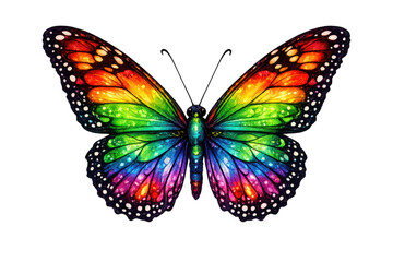 Obraz premium Colorful butterfly displaying vibrant rainbow wings and intricate patterns, symbolizing diversity, freedom, and transformation on transparent background