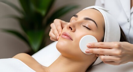 Naklejka premium Woman receiving facial treatment with cotton pad on her cheek in a spa setting with green plants