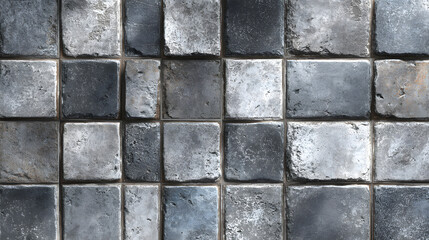 Fototapeta premium Grey ceramic tile grid with worn concrete texture and grout lines, ideal for industrial interiors, bathroom walls, and architectural mockups.