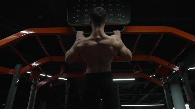 Muscular biceps and triceps. Strong athlete. Man pullup at gym. Muscular man sportsman with strong back muscle. Sport pullup workout. Sport training athlete. Man sportsman do pullup exercise