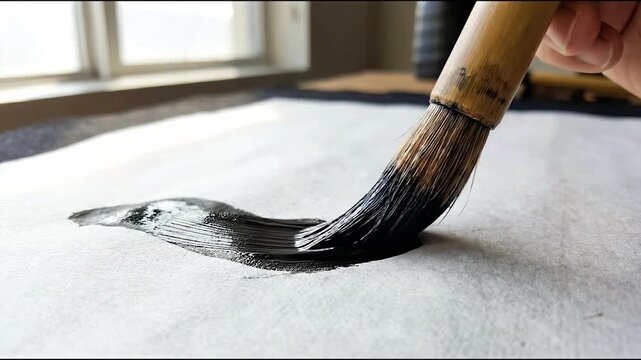 Authentic local culture expressed by an artist painting with traditional brush and black ink for mindful calligraphy experience