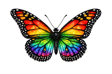Obraz premium Colorful monarch butterfly with rainbow wings symbolizing transformation, diversity, freedom, and beauty on a transparent background