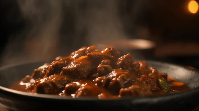 Steaming plate of meat chunks smothered in rich sauce up close on 4k resolution screen