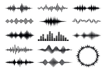 Obraz premium Abstract audio waveform set featuring diverse sound visualization shapes for music and technology design