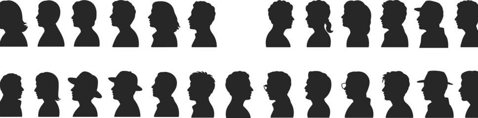 People profile silhouette collection men women head portraits human faces side view isolated vector black character icon set © Atik's Wolrd