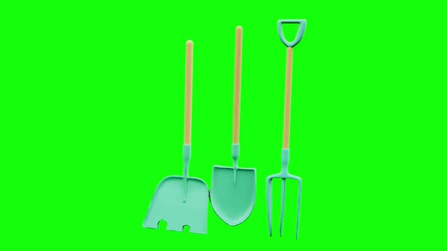 3D garden tools shovel dustpan rake pitchfork animated on green screen background