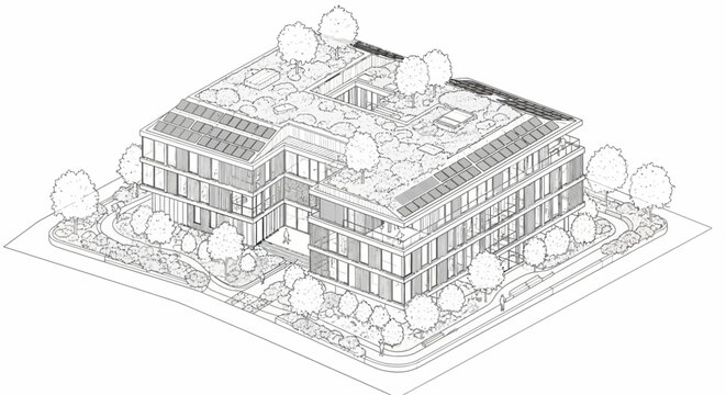 Isometric line drawing of a modern building with green roof, solar panels, and surrounding trees, showcasing sustainable architectural design.