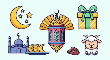Ramadan Islamic Icons Collection Crescent Moon Lantern Mosque Dates Gift Sheep.