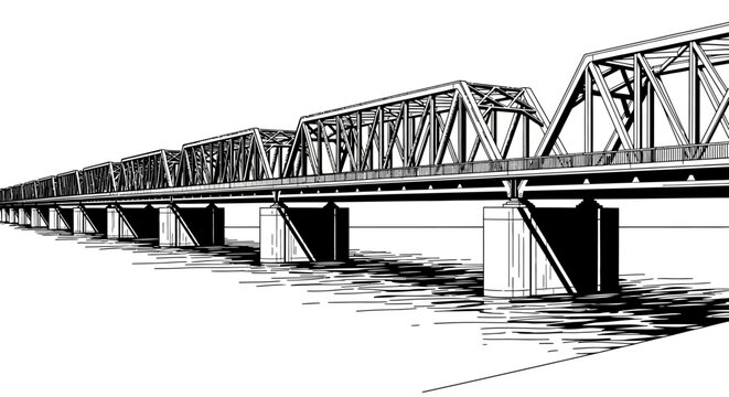 Detailed black and white illustration of a long truss bridge spanning over water.