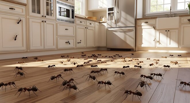Numerous black ants crawling on a wooden kitchen floor with white cabinets and appliances