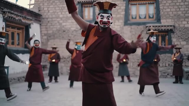 A masked dancer leads a circle with other costumed performers