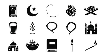 Obraz premium A collection of black and white flat icons representing Islamic culture and Ramadan traditions, including mosques, prayer items, food, and symbols.