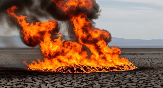 Large fiery explosion with black smoke on a desert surface fire flames