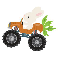 Cute Easter bunny in carrot monster truck car vector cartoon illustration