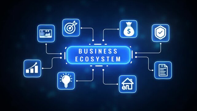 A central glowing blue oblong shape connected by white lines to smaller square shapes on a dark background with bokeh lights representing data flow or network connections