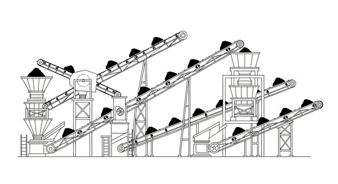 Detailed line drawing of an industrial material handling and processing plant with multiple conveyor belts and hoppers.
