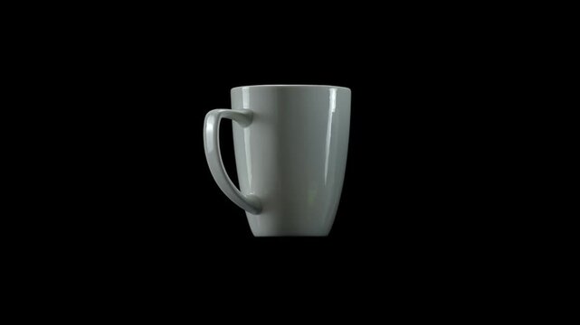 Minimal studio shot of a white ceramic mug slowly rotating on black background for clean product display.